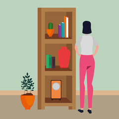 woman in house place with shelving scene