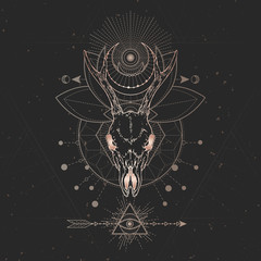 Obraz premium Vector illustration with hand drawn Roe deer skull and Sacred geometric symbol on black vintage background.