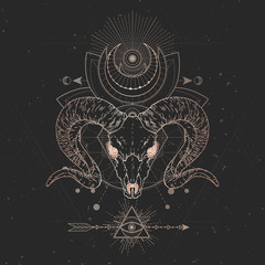 Vector illustration with hand drawn Wild ram skull and Sacred geometric symbol on black vintage background. Abstract mystic sign.