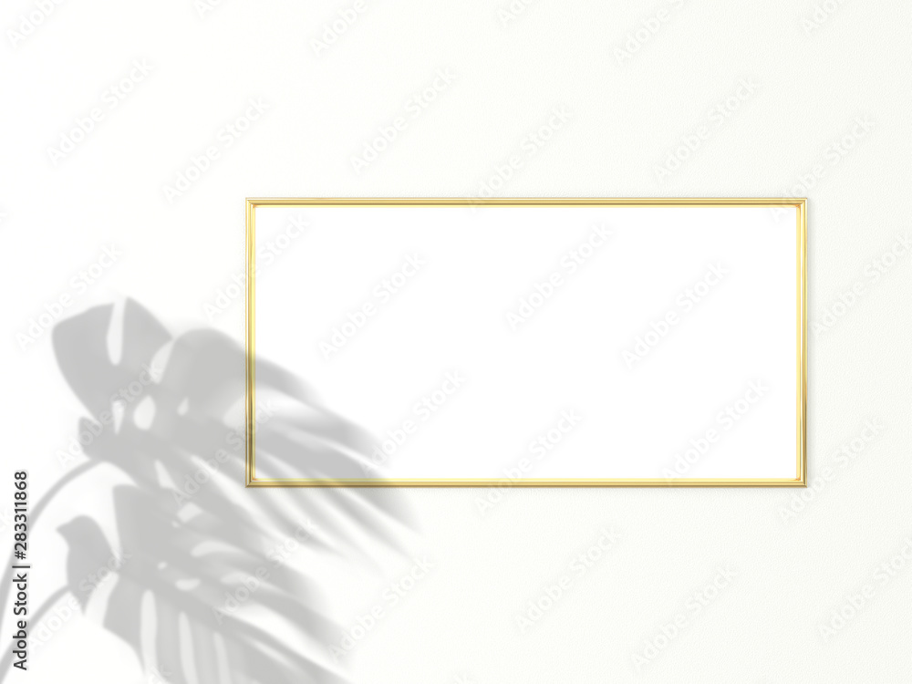 Poster 1x2 horizontal gold frame for photo or picture mockup on white background with shadow of monstera le