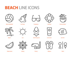 set of beach icons, such as sun, sea, watermelon, travel, sailing