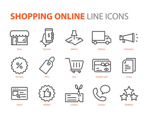 set of shopping online line icons, e-commerce, buy, pay, promotion