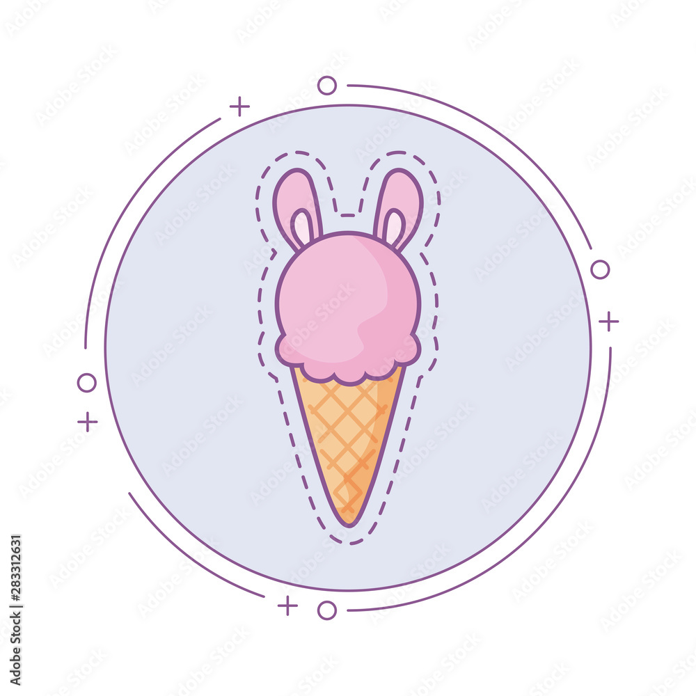 Poster patch of ice cream with ears of bunny in frame circular
