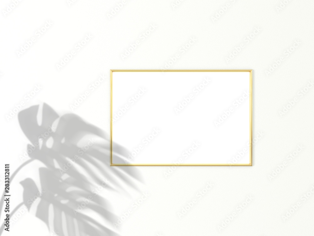 Poster 2x3 horizontal gold frame for photo or picture mockup on white background with shadow of monstera le