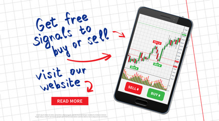 Financial stock trade promo page with smartphone vector illustration. Web banner template for trading companies graphic design. Mobile phone with financial market signals to buy and sell concept.