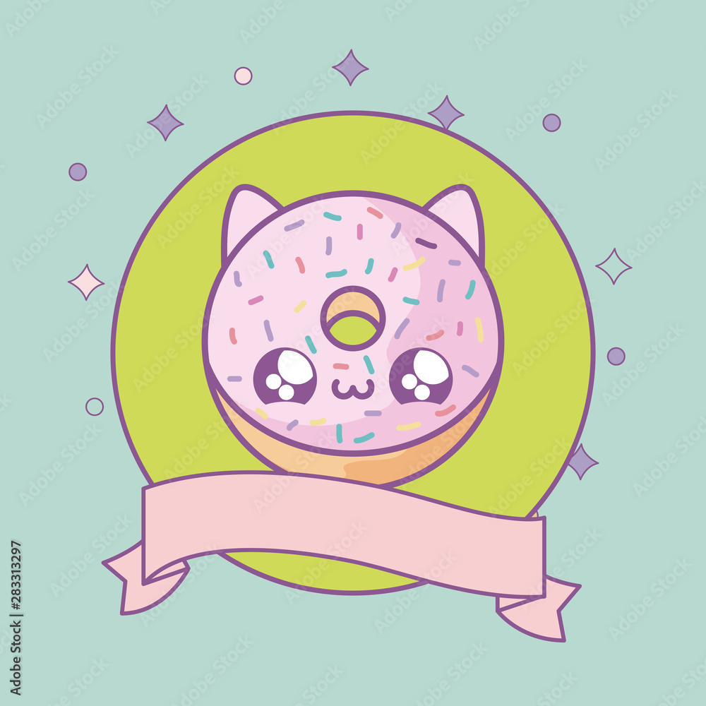 Wall mural donut with face cat in frame circular and ribbon kawaii style