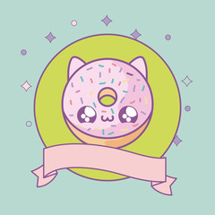 Obraz na płótnie Canvas donut with face cat in frame circular and ribbon kawaii style