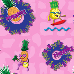 Seamless background with pineapple character of a fruit letters guitar abstract surf city wave on a pink background. Print design paper cloth banner. Vector image.