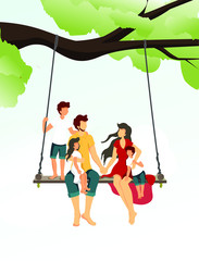 Young family consisting of mother, father, two sons and daughter sitting on a swing in nature. Vector illustration can be used in poster, banner, flyer, brochure, cover, postcard.