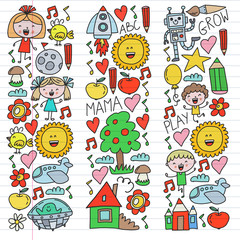 Time to adventure. Imagination creativity small children play nursery kindergarten preschool school kids drawing doodle icons pattern, play, study, learn with happy boys and girls Let's explore space