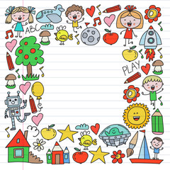 Time to adventure. Imagination creativity small children play nursery kindergarten preschool school kids drawing doodle icons pattern, play, study, learn with happy boys and girls Let's explore space