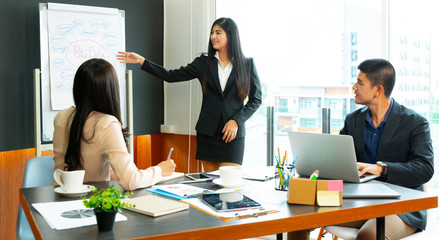 Asian Businessmen are brainstorming in the meeting room. There is a discussion of the strategy of working in accordance with the world economic remnants.