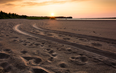 4x4 car tracks and foot prints on a sandy beach over background of warm sunset sky, foliage and water in the horizon. Tranquility and close communion with nature.