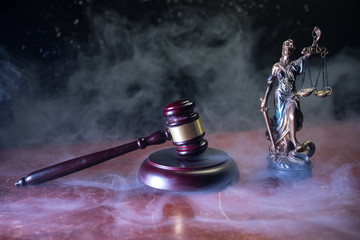 Document with judge on wooden table. Law theme. Selective focus