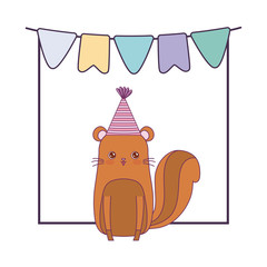cute chipmunk animal with hat party and garlands hanging