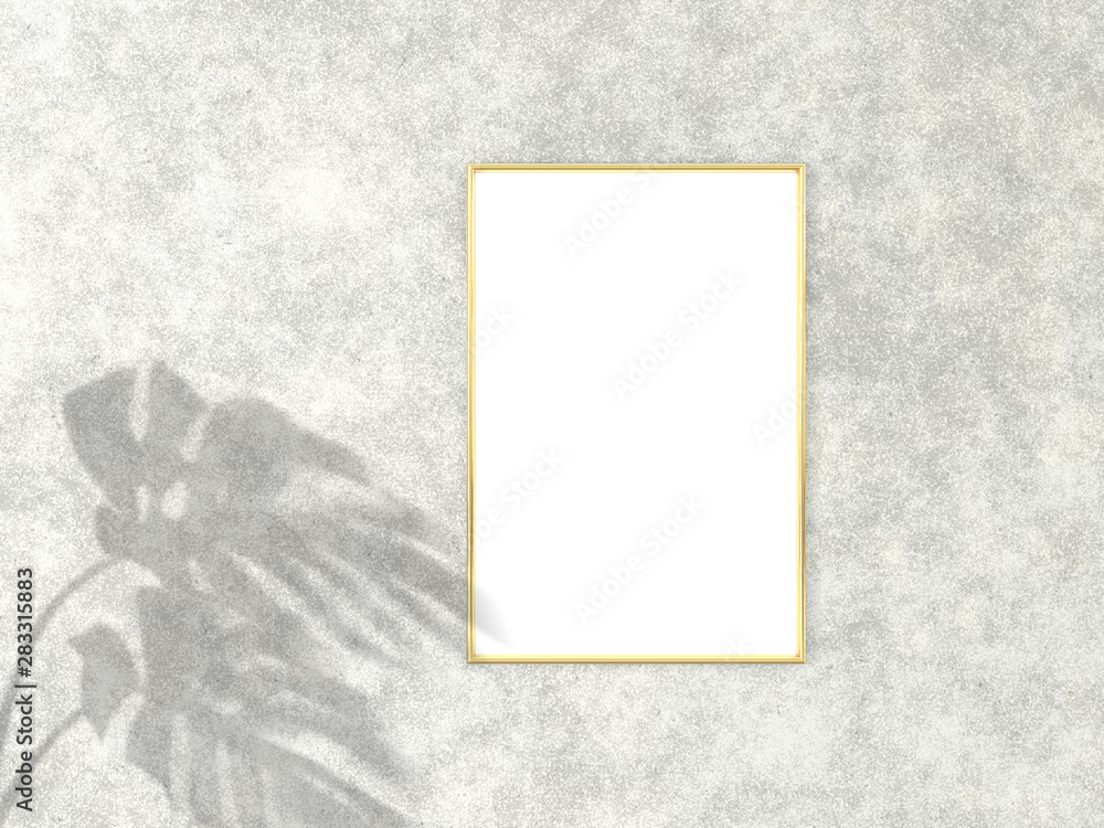 Poster 2x3 vertical gold frame for photo or picture mockup on concrete background with shadow of monstera l