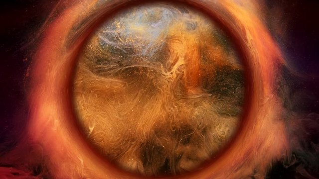 Ink swirl. Magic crystal ball. Red fairy dust. Circle motion. Orange glitter.