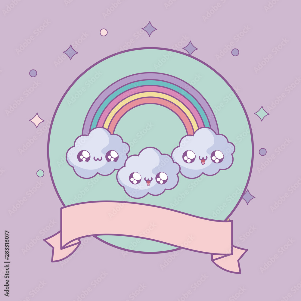 Poster rainbow and clouds in frame circular with ribbon kawaii style