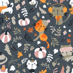 Seamless pattern of cats wearing scarf, playing on pumpkin patch.Cute illustration for children's print.