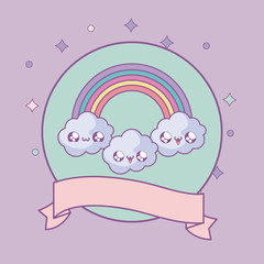 rainbow and clouds in frame circular with ribbon kawaii style