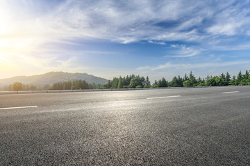 Country asphalt road and green woods nature landscape in summer