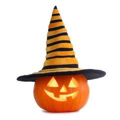 Halloween pumpkin in witches hat