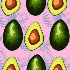 Seamless pattern with avocado and tropical leaves.