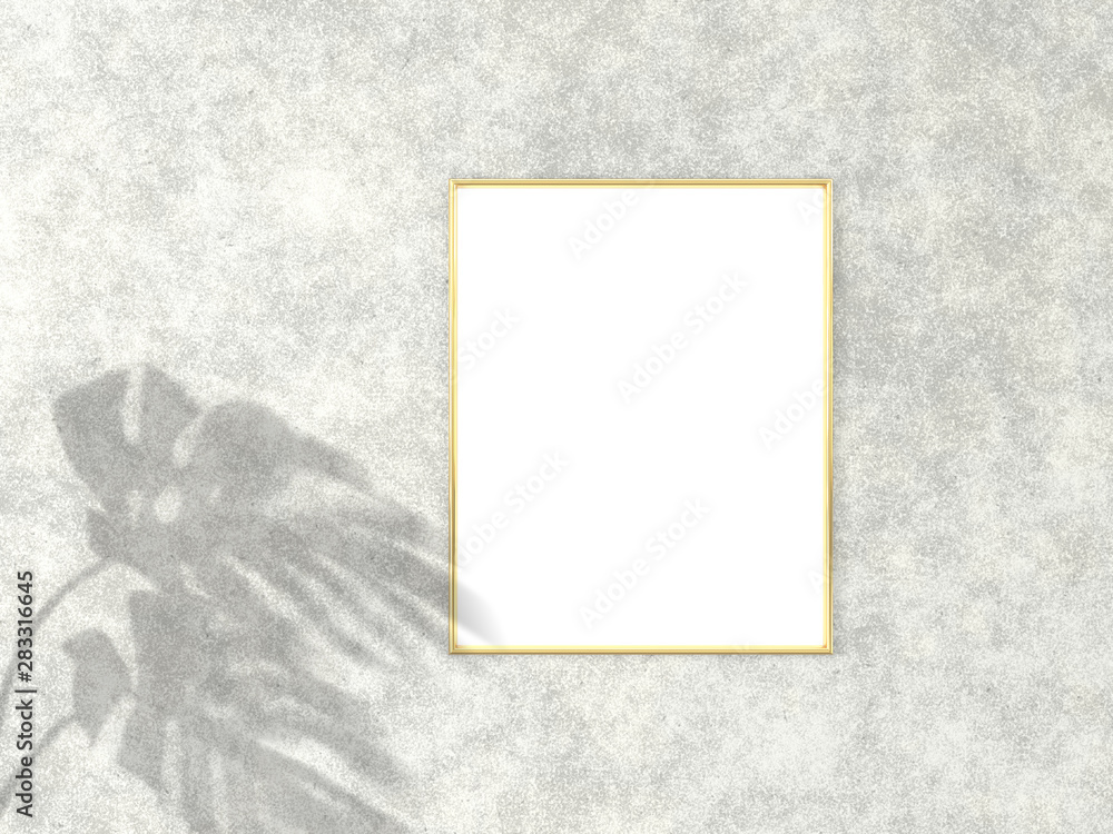 Poster 4x5 vertical gold frame for photo or picture mockup on concrete background with shadow of monstera l