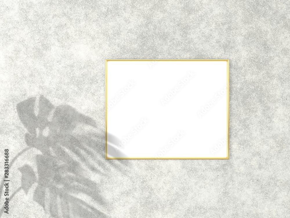 Poster 4x5 horizontal gold frame for photo or picture mockup on concrete background with shadow of monstera