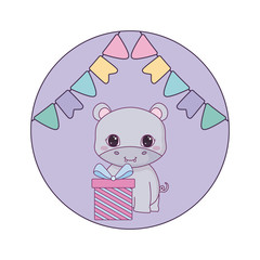 cute hippopotamus with gift box and garlands