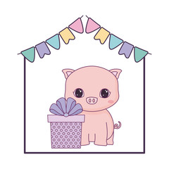 cute piggy animal with gift box present and garlands