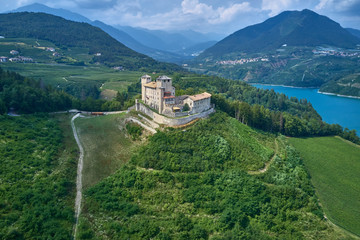 Aerial view Lake Santa Giustina, Castel Cles, bridge over the lake. North of Italy.