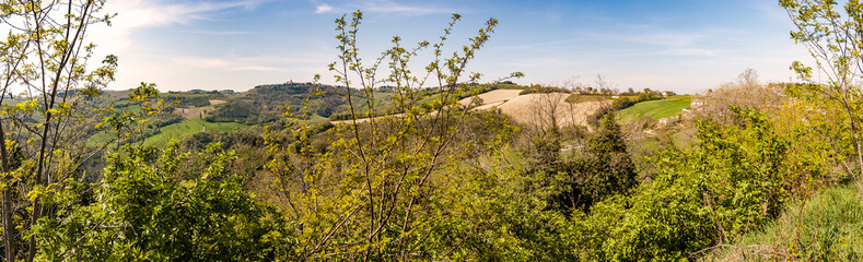 Panoramic View of the Montefeltro hills from the small village of Belvedere Fogliense in the Marche region of Italy.