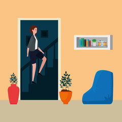 woman climbing the stairs in living room place scene