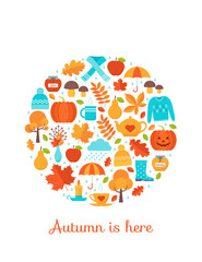 Autumn card. Vector. Creative postcard with autumn elements in circle shape. Greeting template in flat design on white background. Fall leaves decoration poster. Cartoon illustration