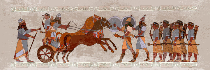 Ancient Sumerian culture. Battle scene. King on chariot. Historical warriors. Akkadian Empire. Mesopotamia. Middle East history civilization art - obrazy, fototapety, plakaty