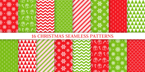 Christmas seamless pattern. Xmas, New year background. Vector. Endless texture with present, snowflake, candy cane stripe, polka dot, tree. Print for wrapping paper web textile. Red green illustration - obrazy, fototapety, plakaty