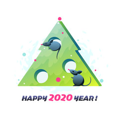Modern flat illustration with New Year tree and symbol of 2020 year - mouse.