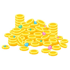 お金（コイン）や宝石などのお宝が山になったイラスト