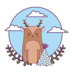cute reindeer animal with hat party and crown leafs