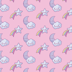 pattern of shooting stars with moons and clouds kawaii style