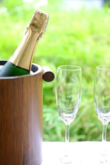 glass of white wine on a wooden table in the garden