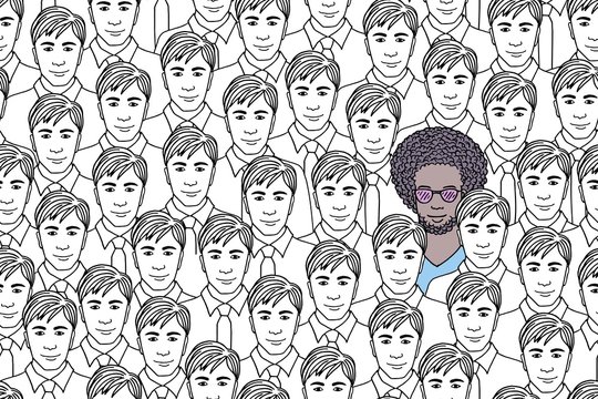 Illustration of a guy standing out from a crowd of identical men