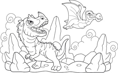 cartoon funny prehistoric dinosaurs, coloring book, funny illustration