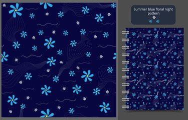 Vector seamless pattern of light blue and white flowers. Floral doodle flowers with white curves on the dark blue background. For cover, wrapping paper, scrapbooking, fashion use.