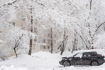car covered with snow in winter