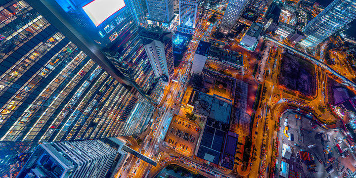 Panorama aerial view of Hong Kong Nightscape in Central © YiuCheung