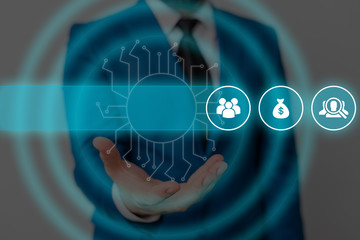 Male human wear formal work suit presenting presentation using smart device