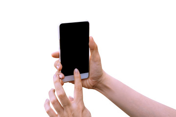 Close up woman hand holding and touching screen on the modern black smartphone mock up in vertical position with blank screen isolated on white background with clipping path.