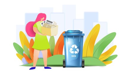 Paper waste sorting design concept. Woman is putting waste material in a container. Flat vector illustration.